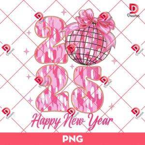 Happy New Year 2025 PNG, Glitter Retro New Year PNG, Disco Ball PNG