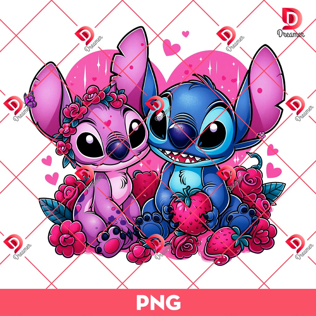 Couple Stitch With Rose And Strawberry PNG, Couple Stitch Valentines Day PNG 1 Couple Stitch With Rose And Strawberry PNG, Couple Stitch Valentines Day PNG