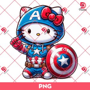 Hello Kitty Wearing Captain America Costume PNG, Hello Kitty Dressed Superhero Outfits PNG
