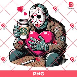 Horror Killer Valentine's Day PNG, Jason Voorhees Drinks Starbucks Coffee PNG