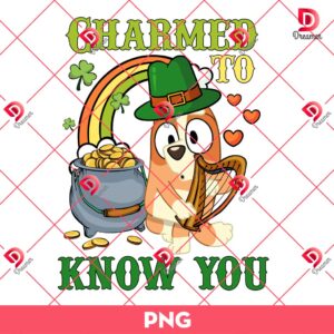 Bingo Charmed To Know You PNG, Bluey Cartoon St Patrick PNG, Saint Patricks Day Bingo Bluey PNG