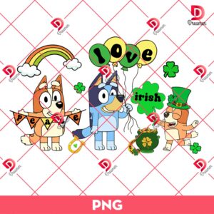 Bluey Bingo Peace Love Irish PNG, Lucky Shamrock Bluey Cartoon PNG, Bluey Friends St Patricks Day PNG