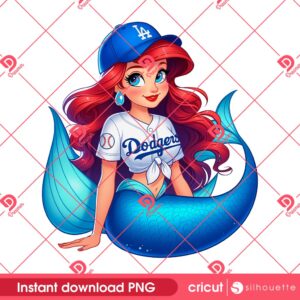 Ariel Mermaid LA Dodgers PNG, MLB Baseball Los Angeles Dodgers Cartoon PNG, Disney Princess Dodgers PNG