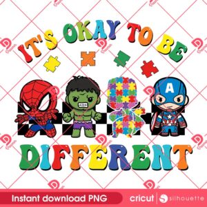 Autism It’s Okay To Be Different PNG, Superhero Characters Autism PNG, Autism Awareness PNG