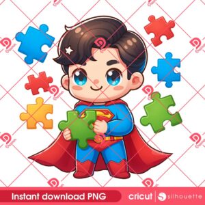 Superhero Superman Autism Puzzle Peace PNG, Autism Awareness Cute Superman PNG