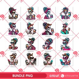 Bundle Skeleton Messy Bun Mom Coffee PNG, Skeleton Mom Drinks Coffee Bundle PNG