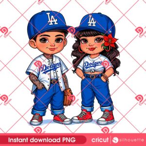 Chicano Boy And Girl LA Dodgers PNG, Chicana Dodgers PNG, Cute Cartoon Baseball Dodgers PNG