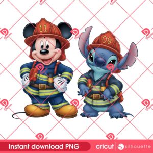 Mickey And Stitch Wearing Firefighter PNG, Disney Characters Firefighter PNG Design