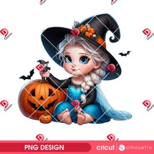Baby Elsa Princess Halloween PNG, Baby Frozen Witch PNG, Elsa Witch And Pumpkin PNG
