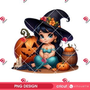 Jasmine Witch And Pumpkin PNG, Baby Jasmine Princess Halloween PNG, Baby Disney Princess Witch PNG