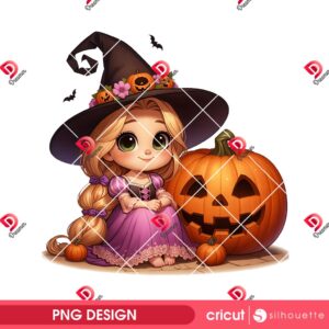 Rapunzel Witch And Pumpkin PNG, Baby Rapunzel Princess Halloween PNG, Baby Disney Princess Witch PNG
