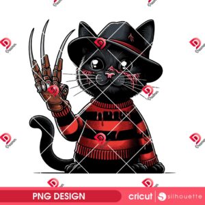 Black Cat Dressed Up As Freddy Krueger PNG, Horror Killer Black Cat PNG, Halloween 2025 PNG