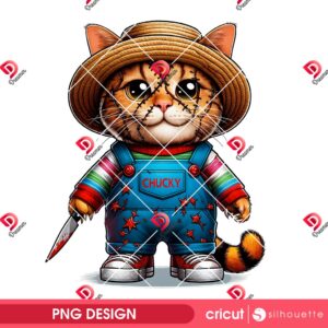 Cat Dressed Up As Chucky Doll PNG, Horror Cat Halloween 2025 PNG
