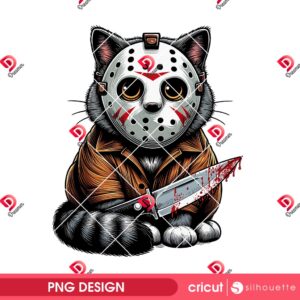 Horror Cat Jason Voorhees PNG, Halloween Cat Dressed Up As Horror Killer PNG, Black Cat Halloween 2025 PNG