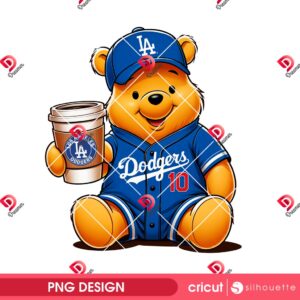 LA Dodgers Winnie The Pooh PNG, Pooh Bear Coffee MLB Baseball Dodgers PNG