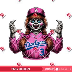 Pink Dodgers Annabelle PNG, Horror Character Baseball Los Angeles Dodgers PNG, Scary Doll LA Dodgers PNG