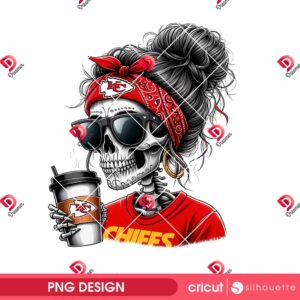 Skeleton Messy Bun Kansas City Chiefs PNG, Football Chicana Skeleton KC Chiefs Coffee PNG