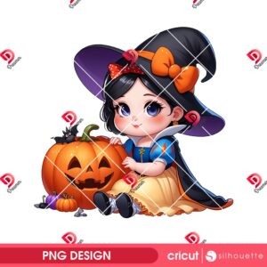 Snow White Witch And Pumpkin PNG, Baby Snow White Halloween PNG, Baby Disney Princess Witch Halloween PNG