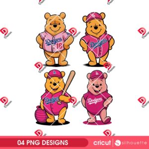 Winnie The Pooh LA Dodgers Pink Uniforms PNG Bundle, Bundle Pink Dodgers Disney Pooh Bear PNG