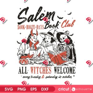 Witchy Salem Book Club SVG PNG, Spooky Witches Reading SVG PNG, Book Lover Halloween Design SVG PNG