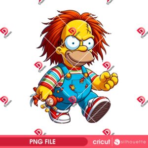 Chucky Simpson PNG, Homer Simpson Costume Chucky Doll Halloween PNG, Funny Character Halloween 2025 PNG