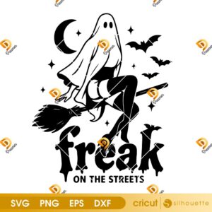 Cute Ghost Freak On The Streets SVG PNG, Funny Halloween Sheet Ghost SVG, Cute Ghost On Broom PNG SVG