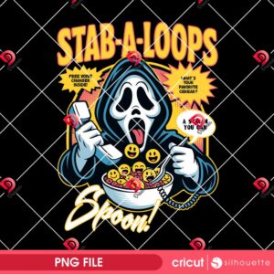 Funny Horror Ghostface Cereal Box PNG Design, Stab A Loops Killer Breakfast PNG, Funny Halloween Ghostface Scream PNG