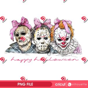 Horror Characters Coquette Bow PNG, Happy Halloween Horror Killers PNG, Halloween 2025 PNG