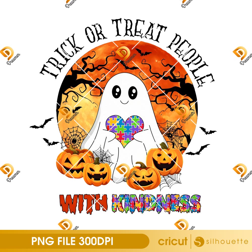 Trick Or Treat People With Kindness PNG, Autism Awareness Ghost PNG, Autism Halloween PNG 1 Trick Or Treat People With Kindness PNG, Autism Awareness Ghost PNG, Autism Halloween PNG