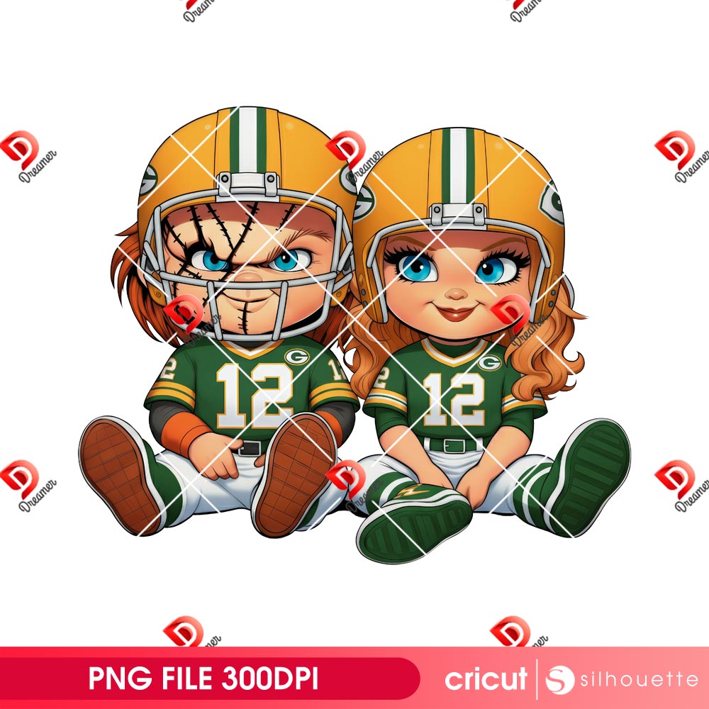 Bundle Green Bay Packers PNG Design, NFL Packers Football PNG Bundle, Bundle NFL Cartoon Football 3 Couple Chucky GB Packers Football PNG, Green Bay Packers Horror Character PNG