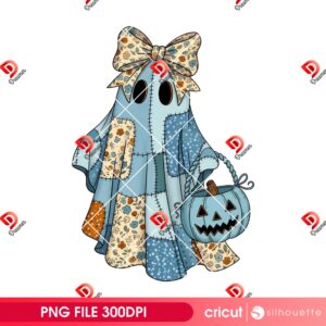 Cute Boo Ghost Coquette PNG, Retro Halloween Blue Denim Ghost PNG, Patchwork Spooky Ghost PNG