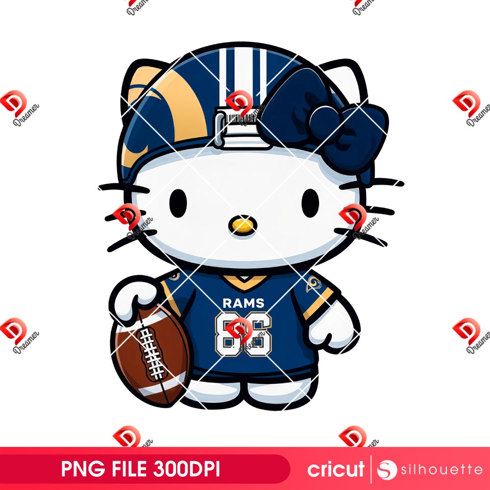 Bundle Los Angeles Rams NFL PNG, Football Rams Cartoon Characters Bundle PNG 2 Hello Kitty Wearing LA Rams Uniforms PNG, Los Angeles Rams NFL Football Hello Kitty Player PNG