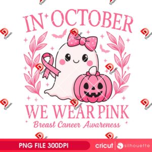 In October We Wear Pink PNG Bundle, Breast Cancer Awareness PNG Bundle, Halloween Pink Ghost Bundle