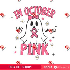 In October We Wear Pink PNG Bundle, Breast Cancer Awareness PNG Bundle, Halloween Pink Ghost Bundle