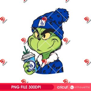 LA Dodgers Christmas Grinch Boy PNG, Grinch Baseball Dodgers And Coffee PNG