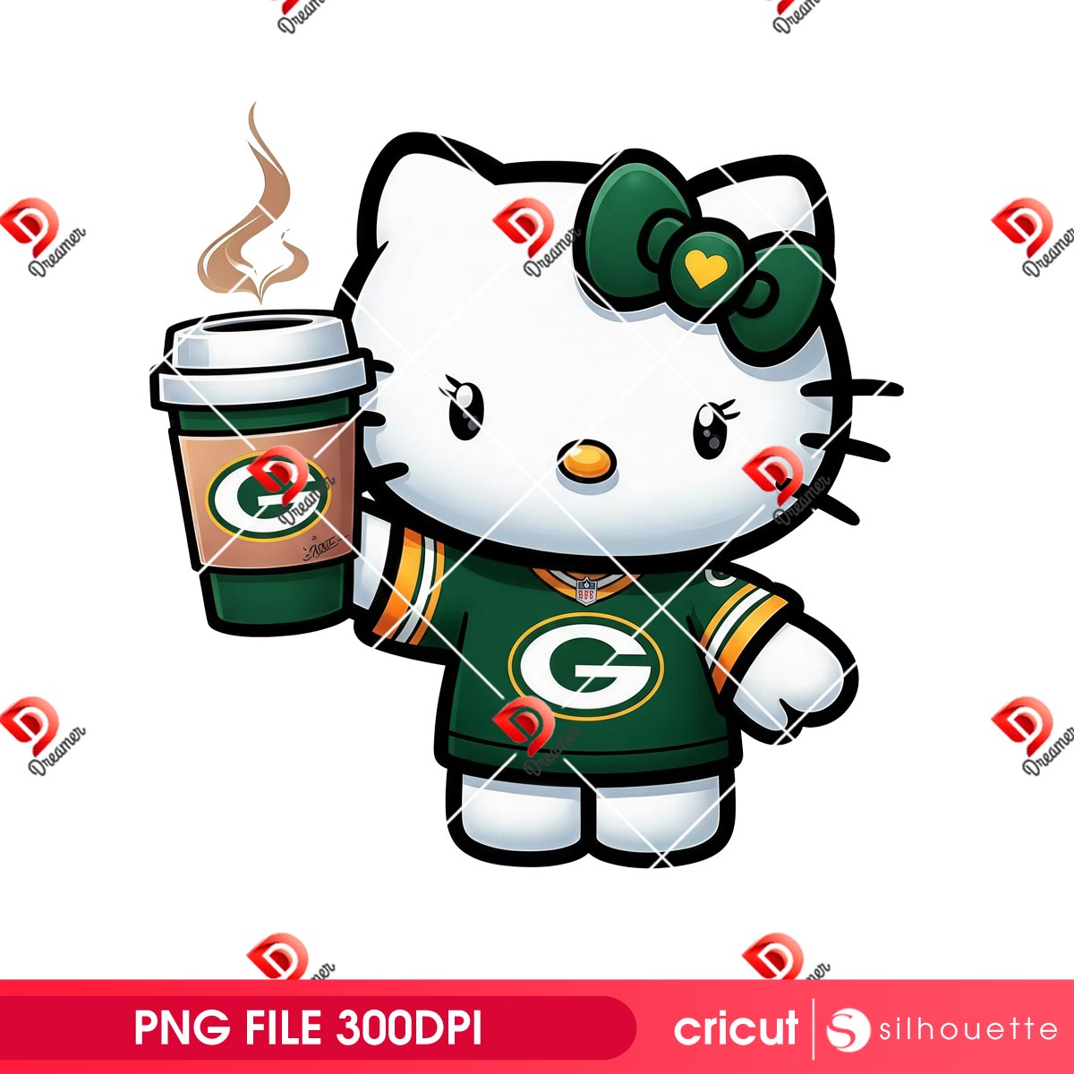 Green Bay Packers Hello Kitty With Coffee PNG 1 Green Bay Packers Hello Kitty With Coffee PNG