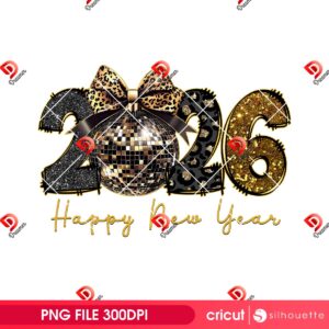 Retro Happy New Year 2026 PNG, Black And Gold Disco Ball Faux Glitter Coquette Bow PNG