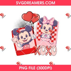 XOXO Baby Couple Mouse PNG, Baby Mickey Minnie Valentines Day PNG