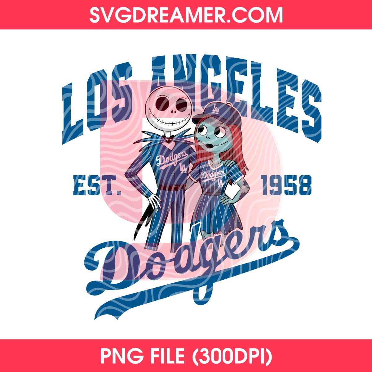 Bundle Cartoon LA Dodgers EST 1958 PNG, Los Angeles Dodgers Baseball Cartoon Fan PNG 3 Jack Skellington And Sally LA Dodgers EST 1958 PNG, Los Angeles Baseball Nightmare Cartoon PNG