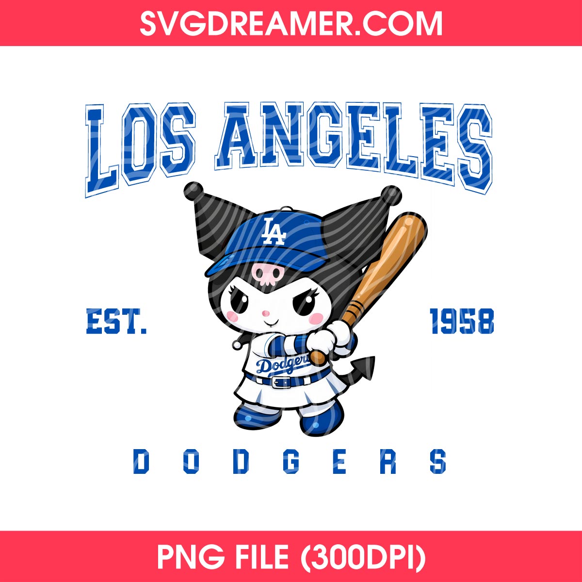 Kuromi Los Angeles Dodgers EST 1958 PNG Design, LA Dodgers Baseball Sanrio Cartoon PNG 1 Kuromi Los Angeles Dodgers EST 1958 PNG Design, LA Dodgers Baseball Sanrio Cartoon PNG