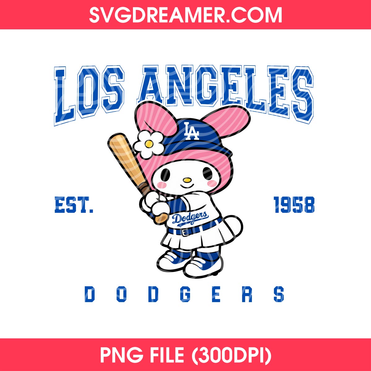 Bundle Cartoon LA Dodgers EST 1958 PNG, Los Angeles Dodgers Baseball Cartoon Fan PNG 13 My Melody Los Angeles Dodgers EST 1958 PNG Design, Dodgers Baseball Sanrio Cartoon PNG