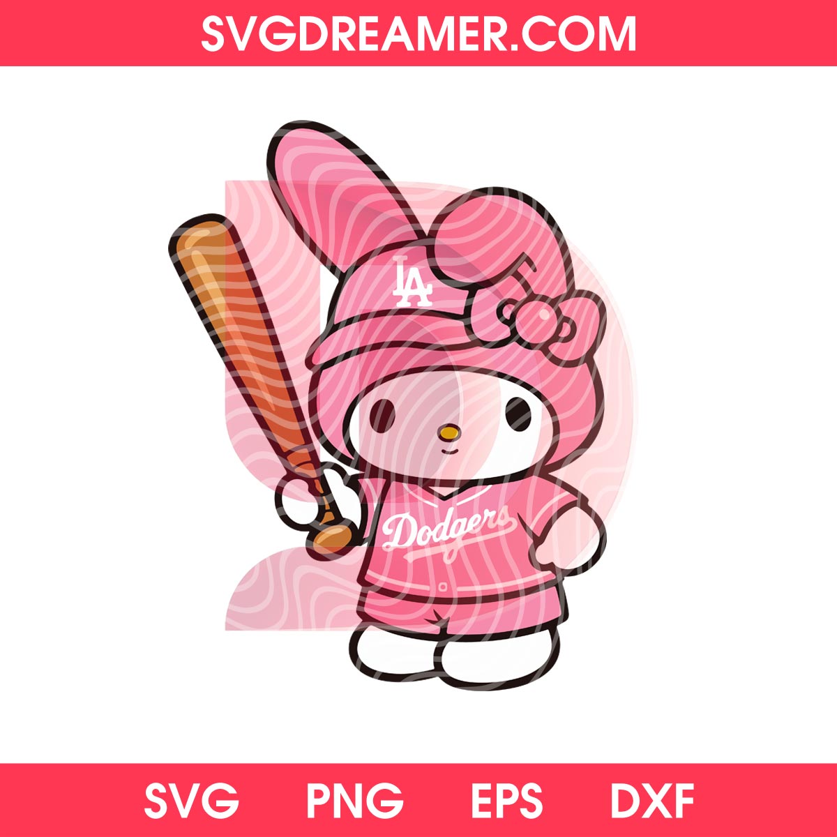 Pink Dodgers Sanrio Cartoon Characters PNG Bundle, Hello Kitty My Melody Kuromi LA Dodgers Bundle PNG 3 My Melody Pink LA Dodgers Jersey SVG PNG, Baseball Cartoon Kawaii Los Angeles PNG SVG