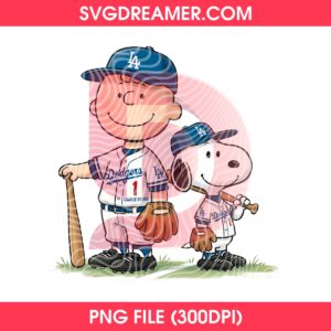 Peanuts Snoopy Friends LA Dodgers Player PNG, Charlie Brown And Snoopy Wearing Los Angeles Dodgers Baseball Jersey PNG