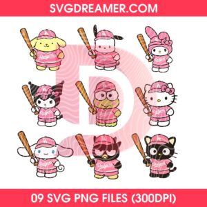Pink Dodgers Sanrio Cartoon Characters PNG Bundle, Hello Kitty My Melody Kuromi LA Dodgers Bundle PNG