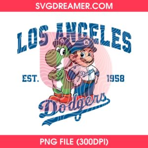 Super Mario And Yoshi LA Dodgers PNG, Los Angeles Baseball EST 1958 Mario Game Sport PNG