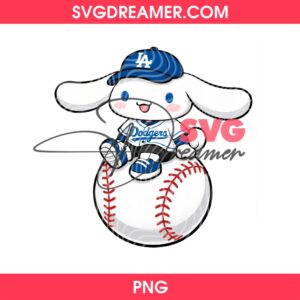 Cinnamoroll in LA Dodgers Jersey Sitting on Baseball PNG