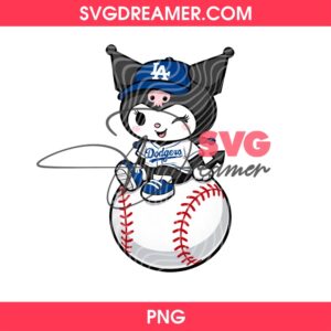 Kuromi in LA Dodgers Jersey Sitting on Baseball PNG, Cute Sports Clipart PNG