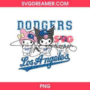 Sanrio Cartoon LA Dodgers PNG, Kuromi My Melody Cinnamoroll Los Angeles Dodgers PNG