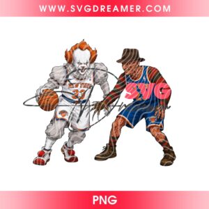 Horror Killers New York Knicks Playing Basketball PNG, Pennywise and Freddy Krueger NY Knicks PNG, Horror NBA NY Knicks PNG