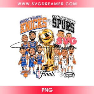 Knicks vs Spurs Finals PNG Design, NBA Finals 2026 Cartoon Players PNG, Basketball Knicks And Spurs Team Caricature PNG